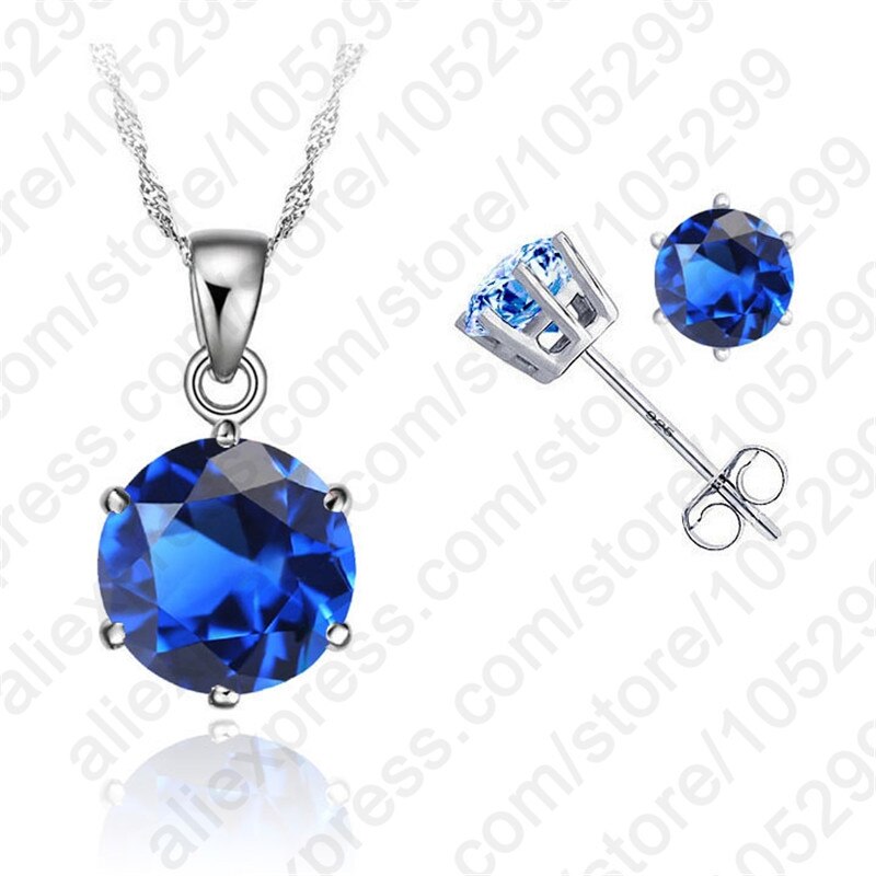 Classic 8 Colors Cubic Zirconia Genuine 925 Sterling Silver Jewelry Sets 6 Claws Stud Earring Pendant Necklace 18" Chain