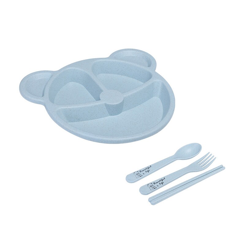 Cute Cartoon Baby Feeding Tableware Children Training Bowl With Spoon Fork Chopsticks Infant Kids Feeding Dinnerware MBG0531: 4Pcs-Blue