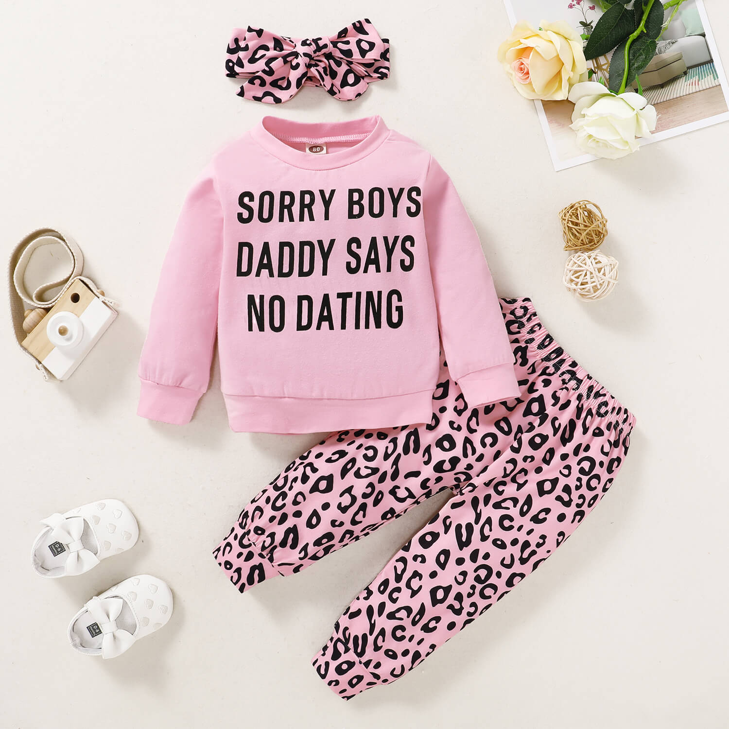 3 Stuks Kinderen Lente Outfits 18-24M Baby Meisje Kleding Roze Daddy Zegt Geen Dating Top + Luipaard broek Sets Baby Kleding Mikrdoo