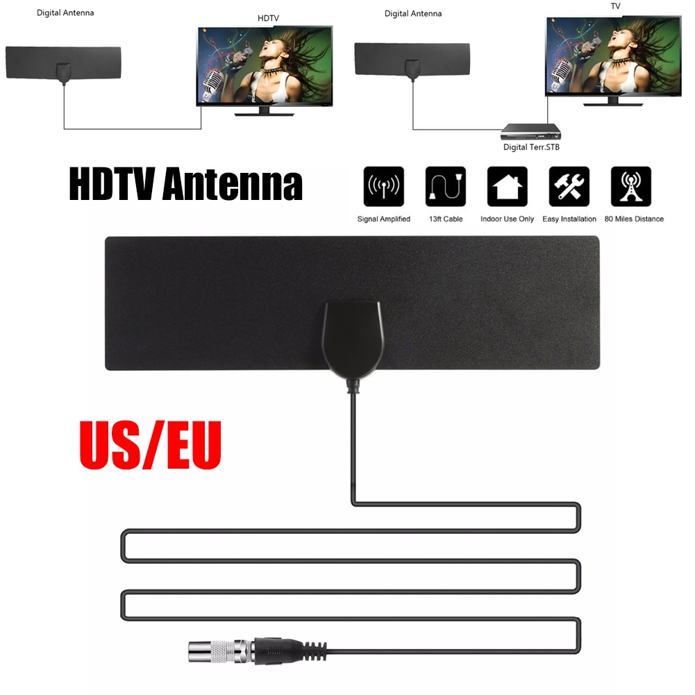 Amplificateur de Signal HD intérieur plat antenne de télévision numérique HDTV gamme de 50 Miles VHF UHF antenne HDTV récepteur de Signal TV prise US