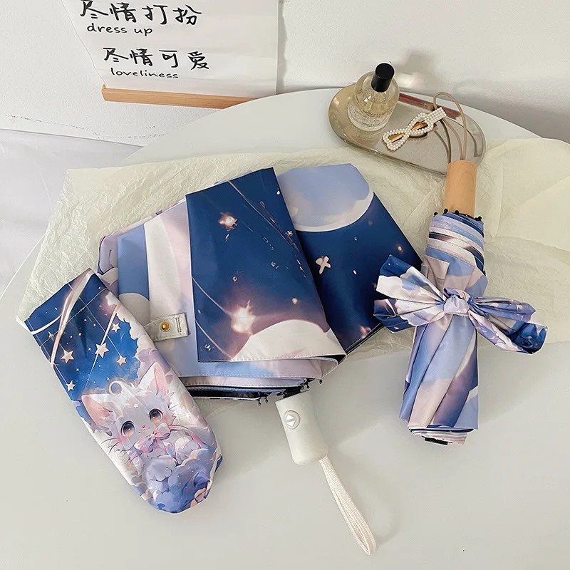 Opvouwbare paraplu met schattige kattenprint, zonbescherming en UV-verdediging, compact, automatisch versterkt frame, polyester pongee-stof voor dames