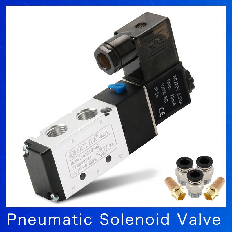 2 Position 5 Way Pneumatic Solenoid Valve 4v210-08Single Coil 12V 24V 110V 220V pneumatic control valve with Pneumatic connector