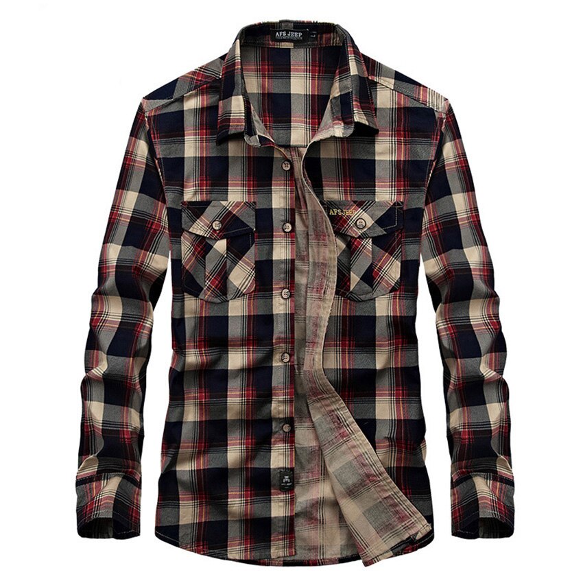 AFS Jeep hombres de manga larga camisa a cuadros Bata Multi bolsillos abrigo otoño algodón hombres camisa delgada z73