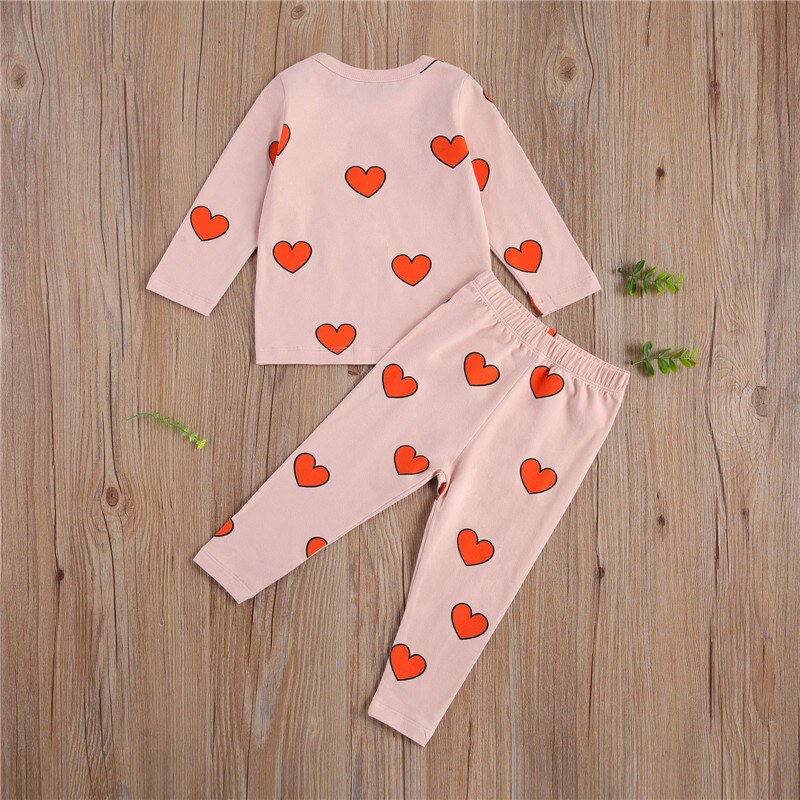 0-4Years Peuter Baby Jongen Meisje Herfst Kleding 2 Stuks Lange Mouw V-hals Hart Gedrukt Top Broek 4 Stijlen Pyjama Thuis nachtkleding: Heart / 70