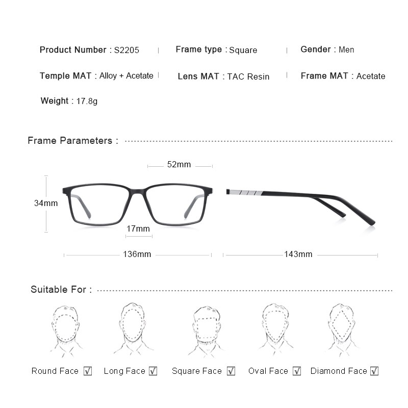 MERRYS Men Square Frame Eyeglasses Myopia Prescription Optical Eyewear Acetate Frame S2205