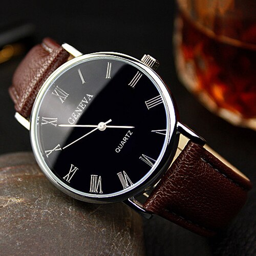 Männer Uhr Römischen Ziffern Blu-Strahl Faux Leder Band Quarz Analog Geschäft Armbanduhr