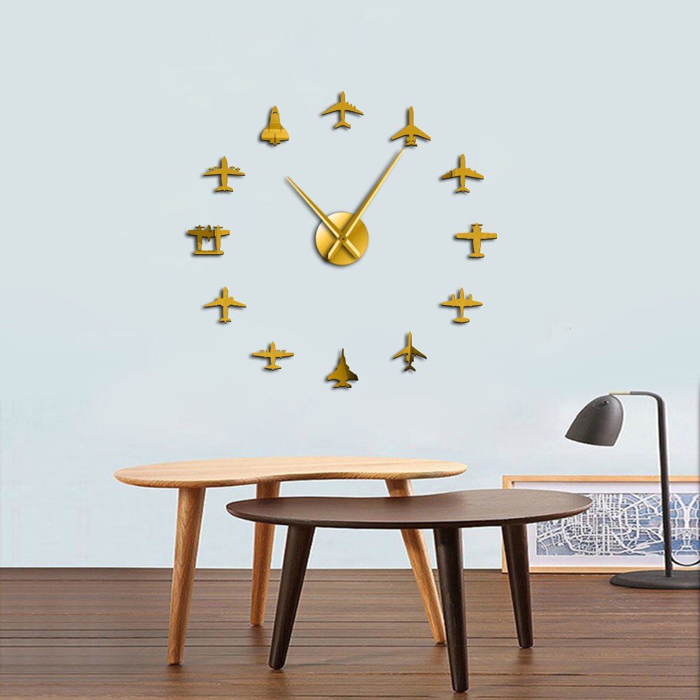 Vliegende Vliegtuig Fighter Jet Moderne Grote Wandklok Diy Acryl Spiegel Effect Sticker Vliegtuig Stille Wandklok Aviator Home Decor