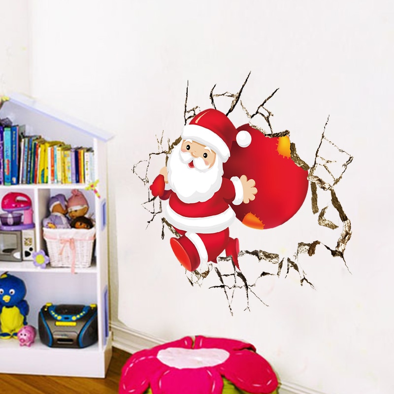 Cartoon Kerstman 3D Gebroken Gat Muurstickers Voor Kinderkamer Home Decor Kerstman Winkelen Winkel Venster Showcase Decals
