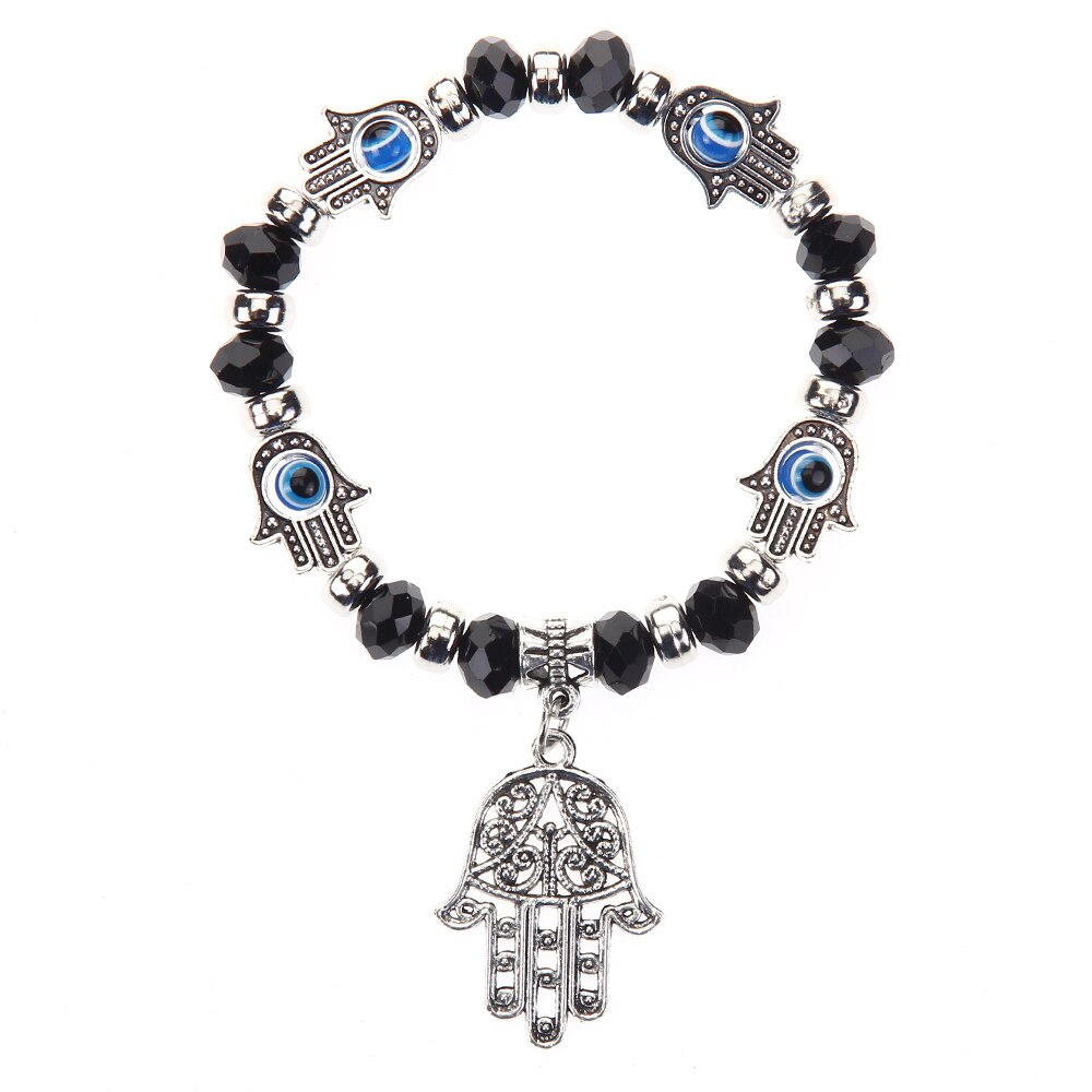 Bracelet élastique mauvais œil turc pour hommes, breloques en cristal, main de Fatima, perlé, réglable, bijoux de Yoga,: E