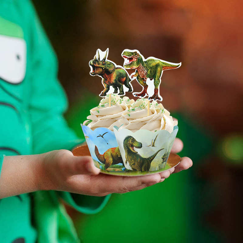 24 Uds. Envoltorios para cupcakes de dinosaurios, adornos para pasteles, tema de dinosaurio para niños, animales de la selva, suministros de decoración para pasteles de de cumpleaños