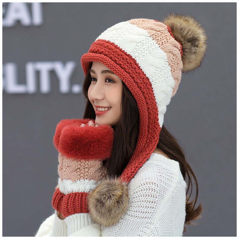 Chapéu feminino e luvas conjunto para mulher chapéu de inverno de lã kitted chapéus para mulher chapéu conjunto de luvas gorro acessórios de inverno: Rust red