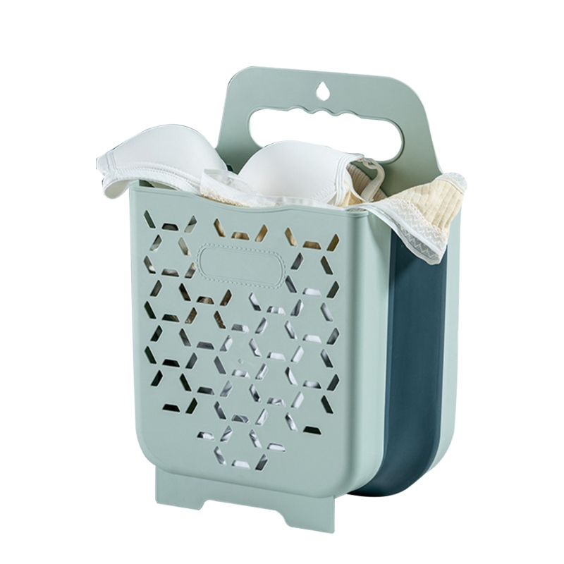 Cesta plegable de plástico para la colada, caja de almacenamiento de plástico con asa para colgar en la pared del baño, 95AA: Haze blue