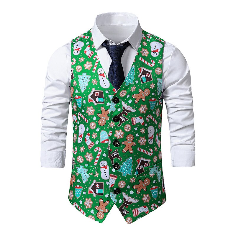Vert noël Gilet Gilet hommes pain d'épice Homme flocon de neige imprimer gilets hommes Navidad fête Festival Gilet Homme XXL