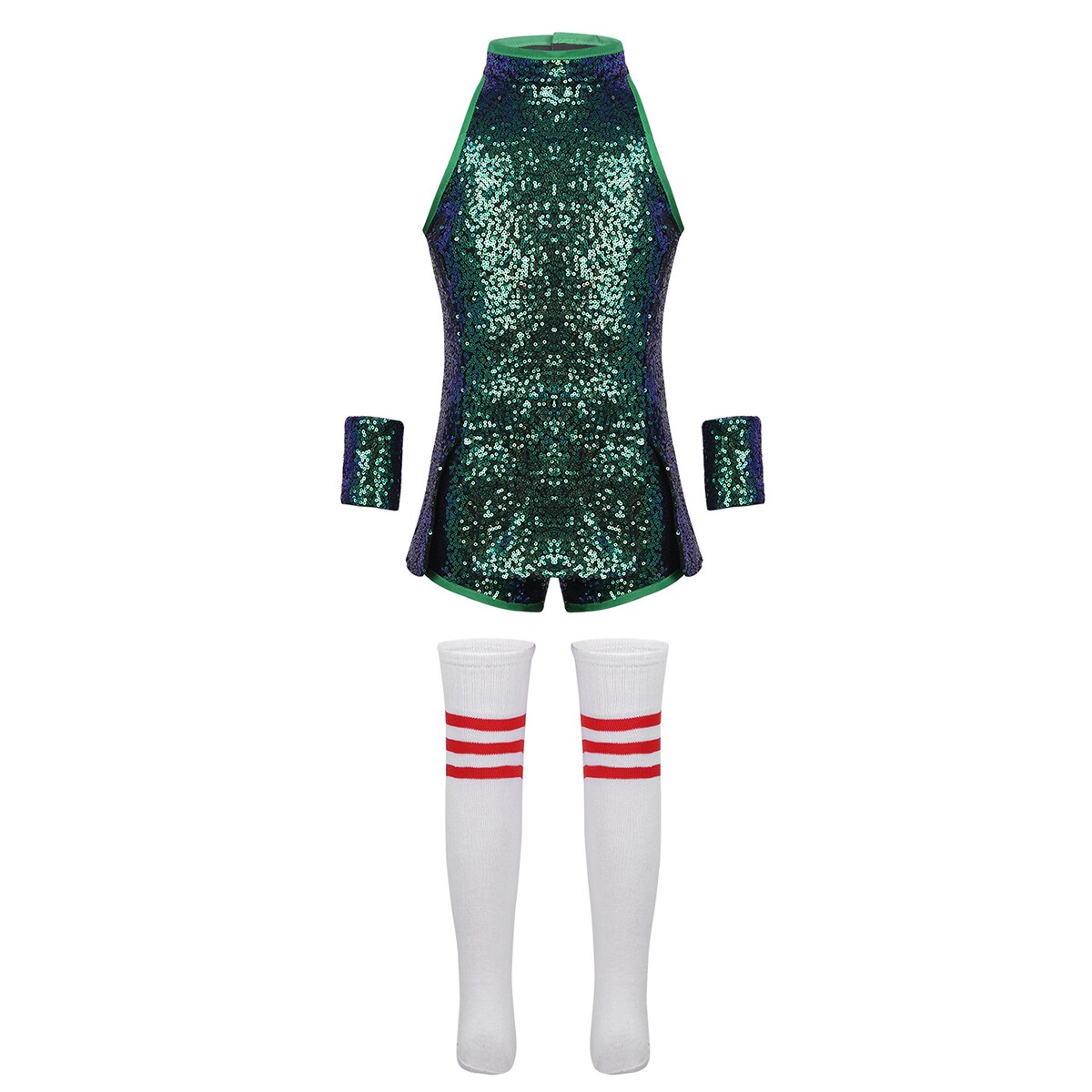 Ragazze dei capretti Cheerlearleading Costumi Shiny Paillettes Magliette E Camicette con Shorts Da Polso-Maniche A Righe e Calzini E Calzettoni Set Cheerleader Vestiti: Green / 150