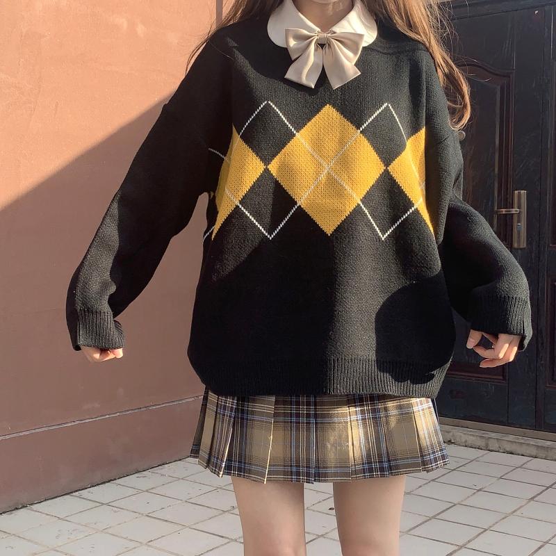 Argyle tröja kvinnor vinterstickad tröja varma tröjor kvinnliga löst stickade tröjor geometriska mönster överdimensionerade damtoppar