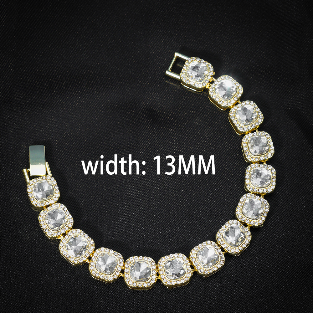 HipHop Men Women 13MM Prong Cuban Link Chain Bracelet Bling Iced Out 2 Row Rhinestone Paved Miami Rhombus Cuban Chain Jewelry: 16cm / brownish yellow