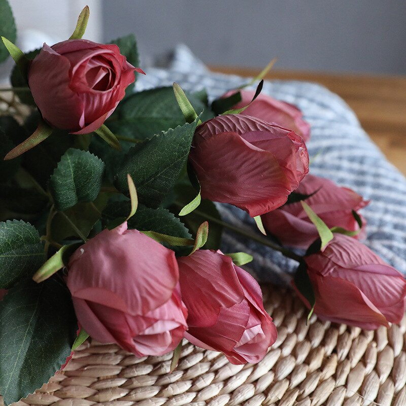 JAROWN Kunstbloem 9 Hoofd Rose Boeket Continental Retro Nep Bloem Bruiloft Woondecoratie Boeket Rose Bud Flores: A