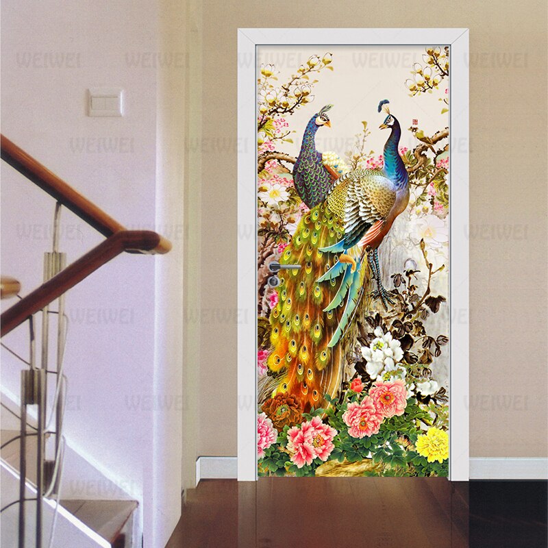 Chinese Style Door Sticker Romantic Peacock 3D Wallpaper Living Room Photo Wall PVC Waterproof Vinyl Mural Wall Paper Home Decor