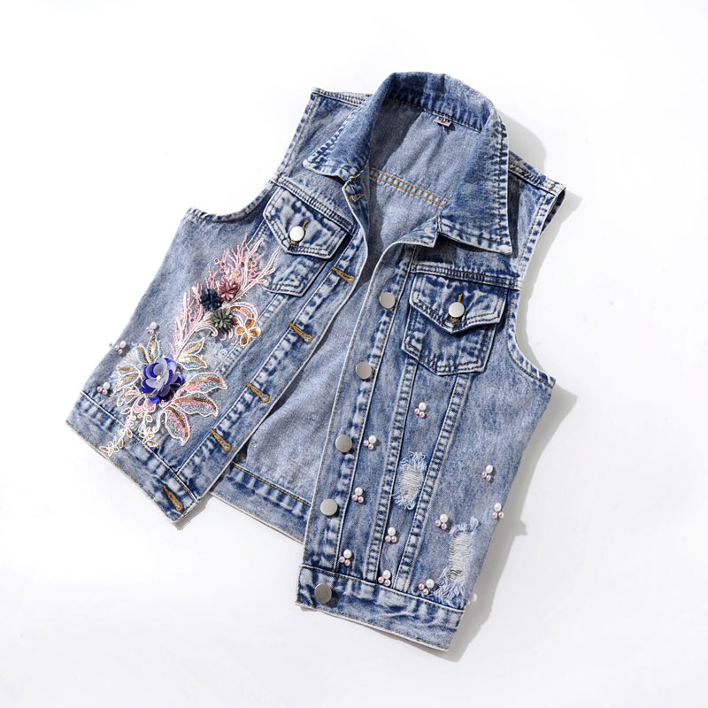 Street style 3d blomster broderi denim vest kvinder med perler jean veste ærmeløs
