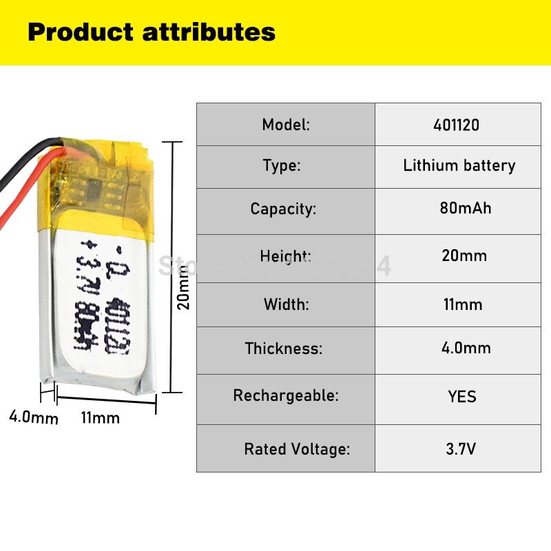 401120 Li-ion Polymer Battery 3.7v 80mah Rechargeable Batteries CE FCC ROHS Certification Safe Power Supply