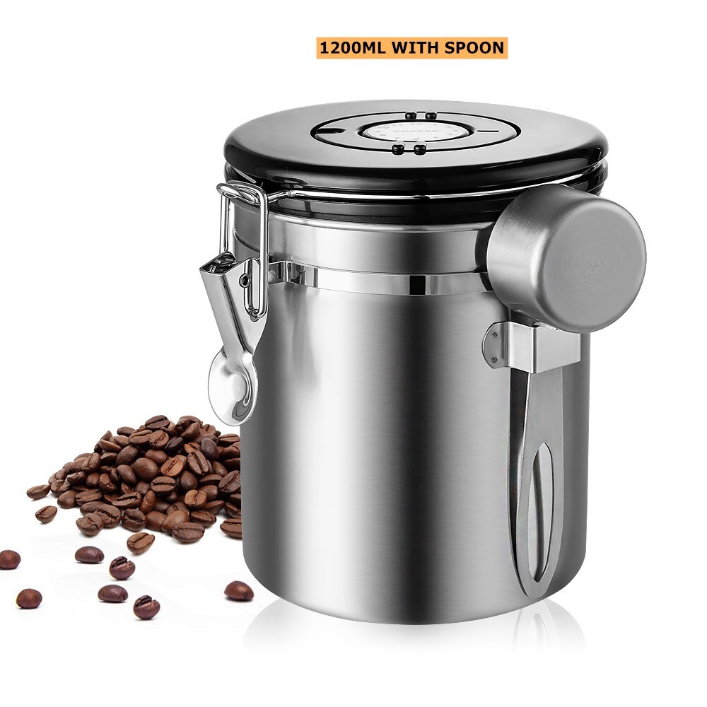 Stainless Steel Coffee Canister With Scoop Airtight Coffee Container Storage Set For Coffee Beans Tea: 1200ML WITH SPOON