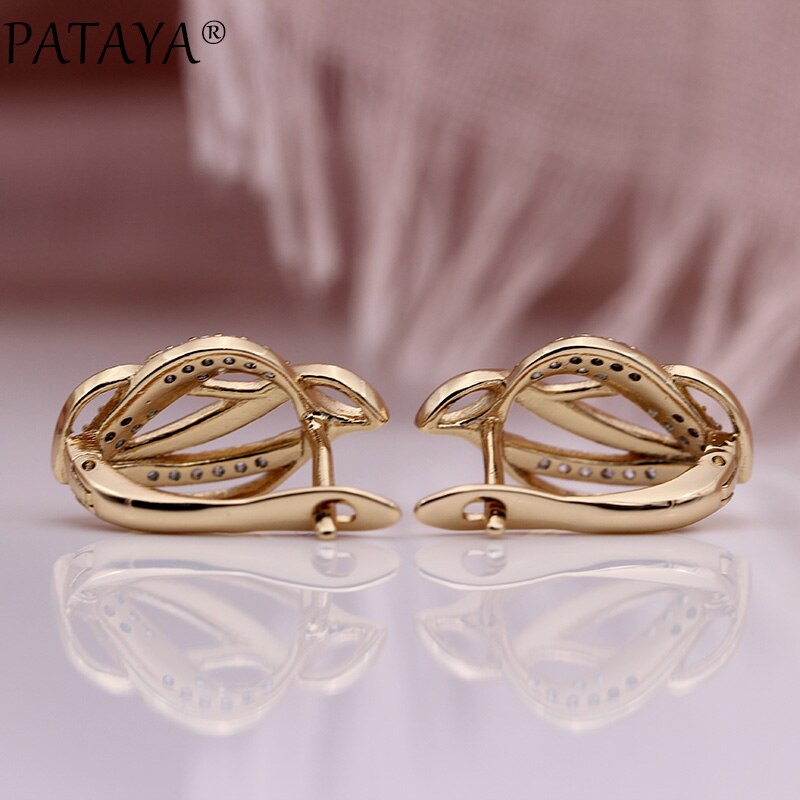 PATAYA Leaf Shape Hollow Earring 585 Rose Gold Women Cute Fine Party Jewelry White Round Natural Zircon Earring