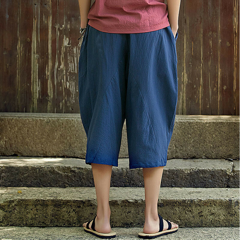 Sommer menn fritids sport cargo overall bukser joggebukser cropped legglengde løs linbukser med elastisk midje