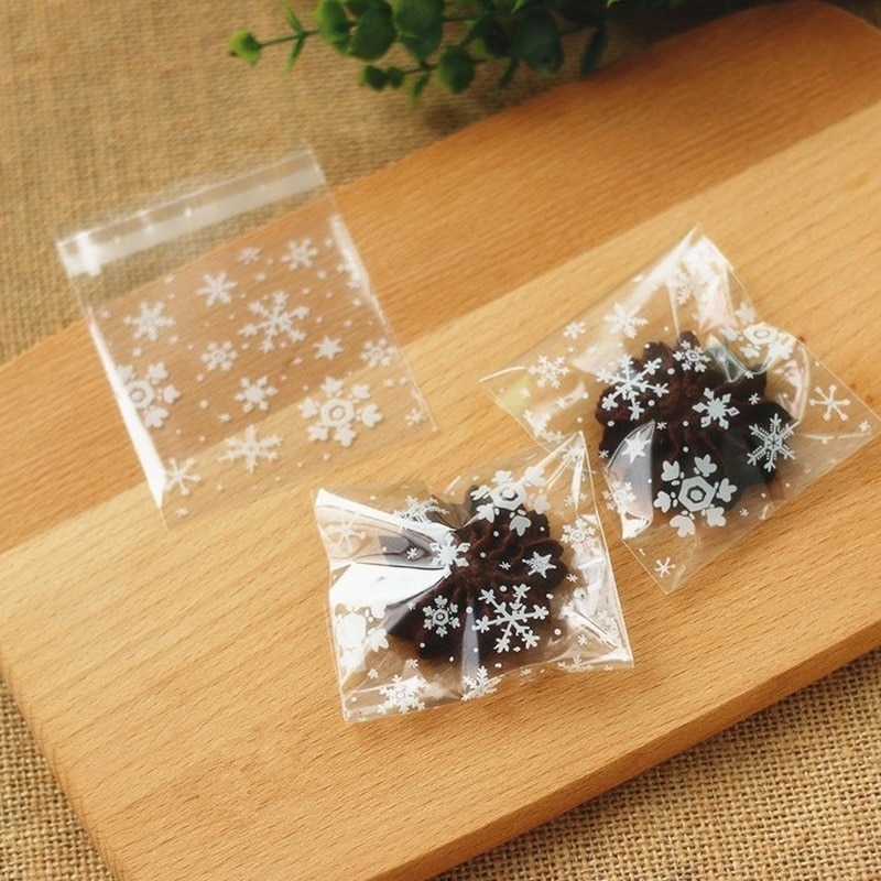 100 Stuks Snoep Zakken Sneeuwvlok Kerst Plastic Candy Cookie Snack Verpakking Zak Lijm Tas Voor Thuis Bruiloft Verjaardagsfeestje
