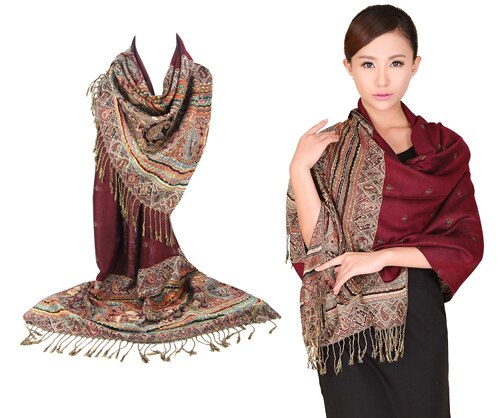 Vinröd färg kinesiska kvinnors pashmina hijab chal höst vinter bi halsdukar sjal tofs bufanda 011506: Vinröd