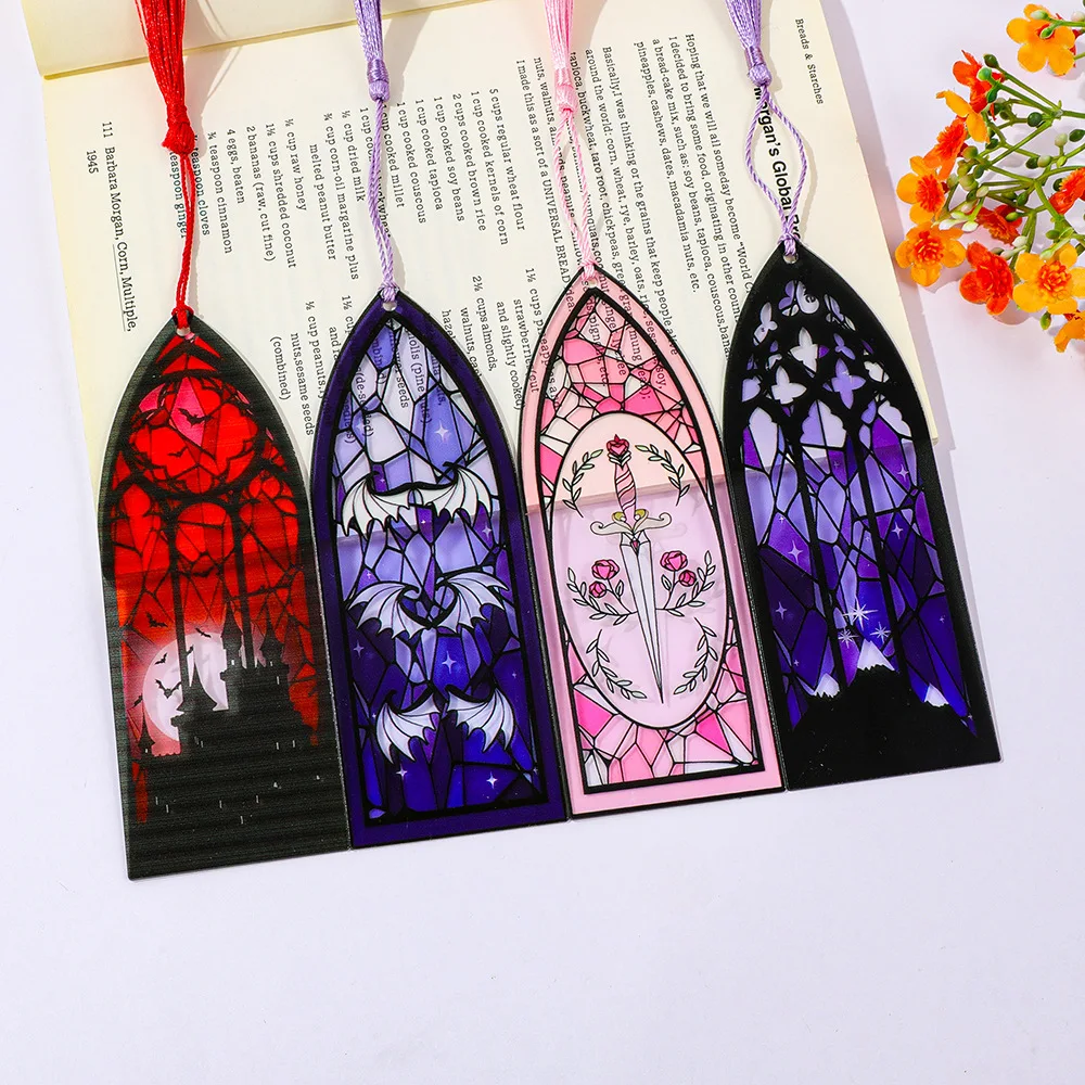 Marcapáginas acrílico de estilo gótico, patrón de ventana de Color sangre, marcapáginas decorativos con borlas, adorno colgante para libro de lectura