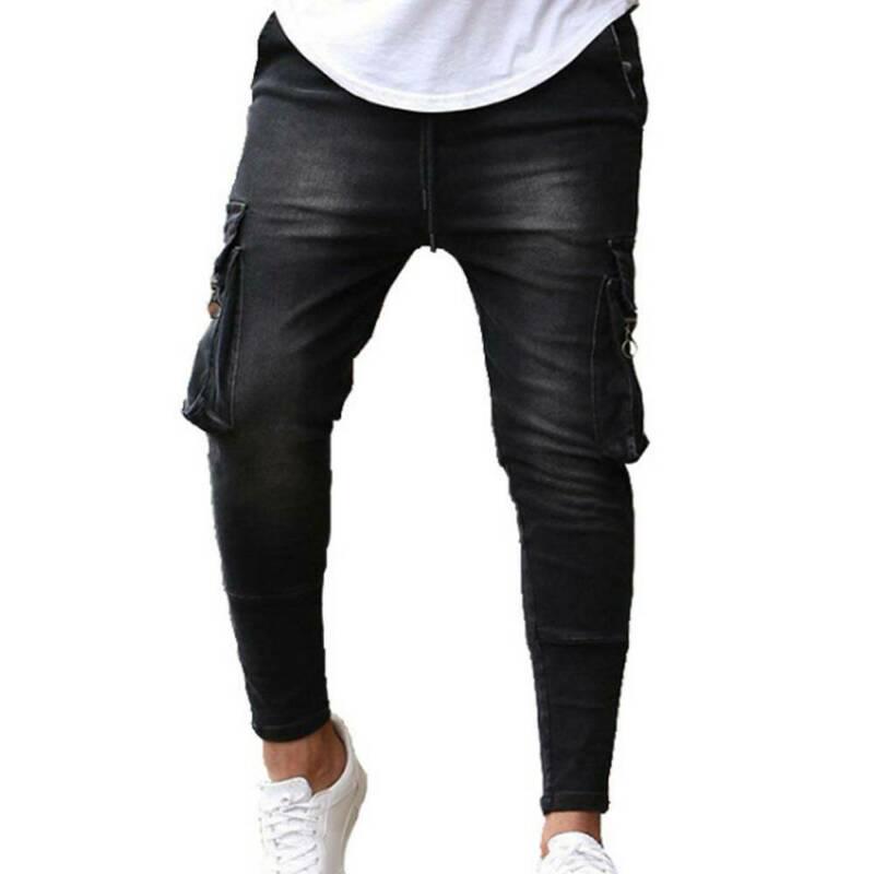 Fermeture éclair hommes coupe ajustée Denim pantalon hommes poches Stretch crayon jean décontracté plaine pantalon automne Denim bas: Black / L