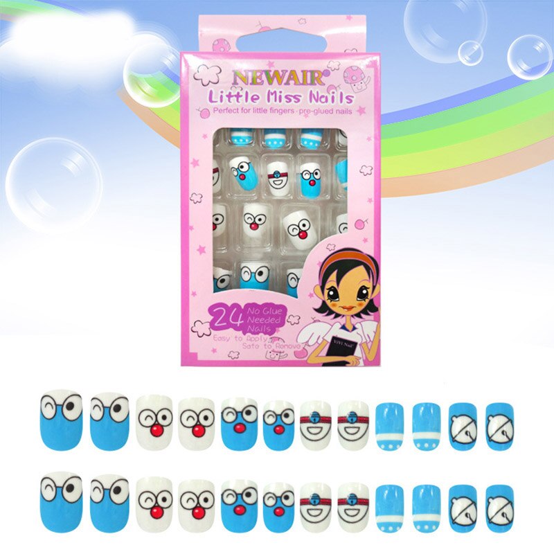 Boîte de faux-ongles courts à pression pour enfants, couverture complète, style différent avec un motif, 24 pièces/boîte, avec colle: style9