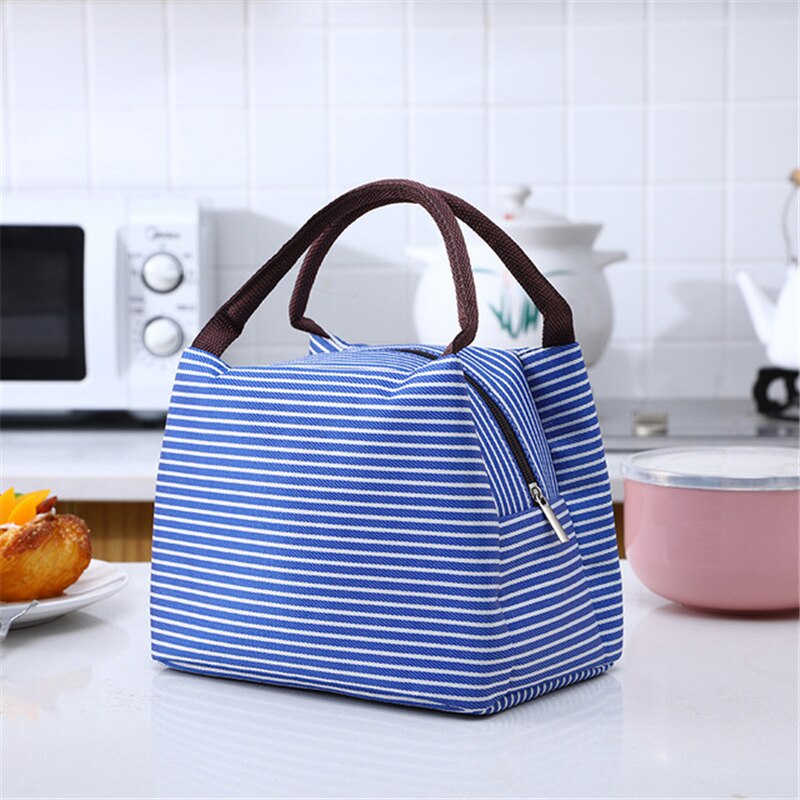 Lunch Bag Kid Women Men Thermal Insulation Waterproof Portable Picnic Insulated Food Storage Box Tote Lunch Bag: 04 Blue Striped