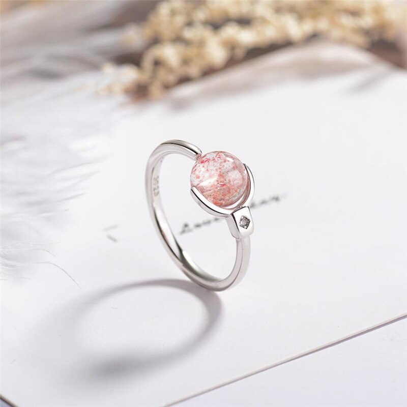 Única memória rosa morango natural cristal doce bonito legal 925 sterling silver feminino anéis de abertura redimensionáveis sri368