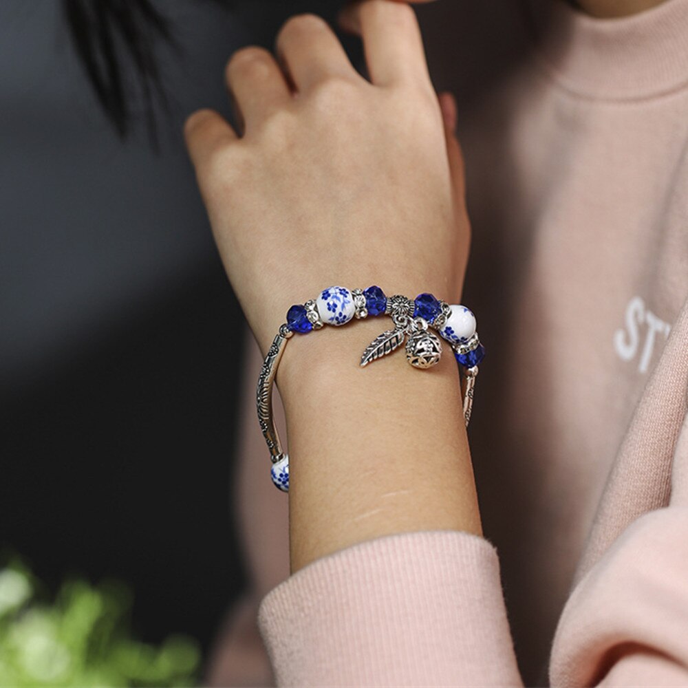 National Style Beaded Bracelets Handmade Blue And White Porcelain Ceramic Bracelet Jewelry