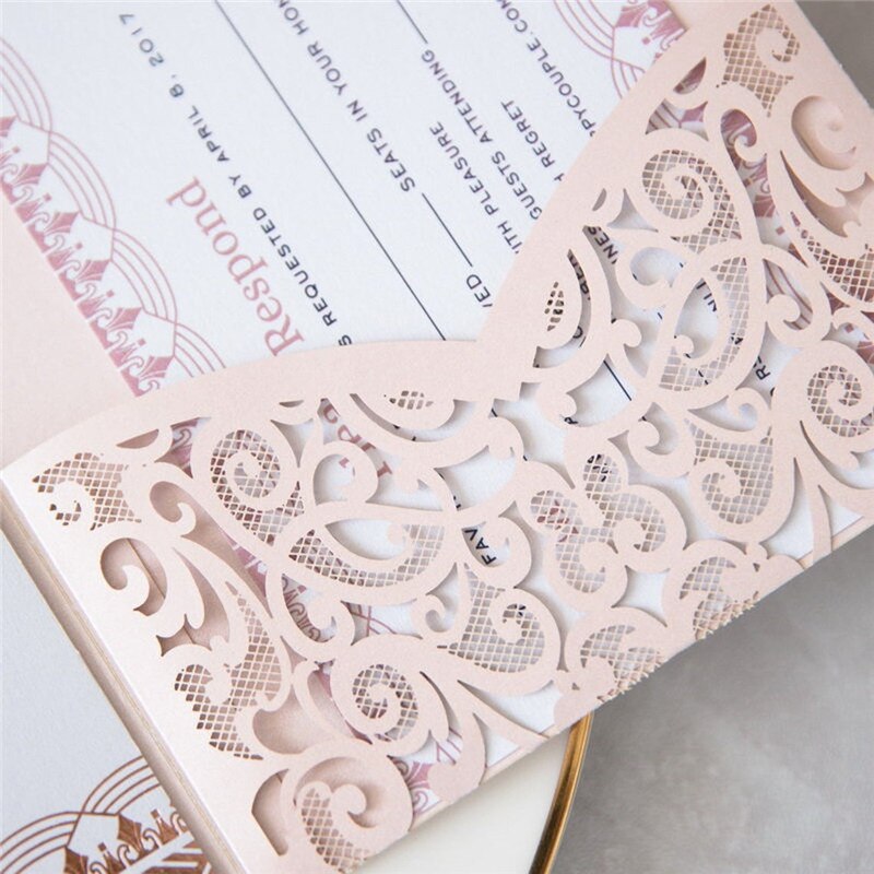 Light pink pearlescent paper invitations, wedding invitations, business invitations, cards, lace hollowed out cards