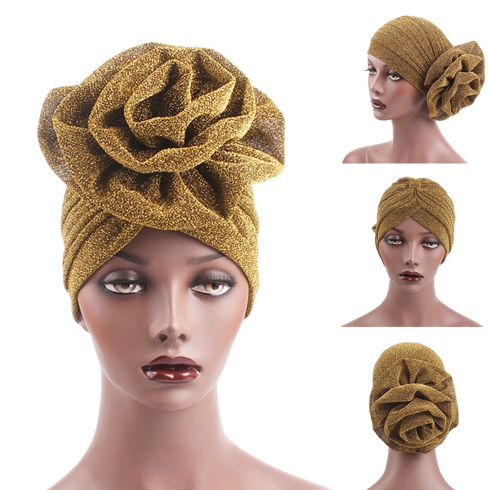 Muslim Hat Big Flower Glitter Turban Hat Muslim Indian Cap Women Head Wrap Headwear Solid Color Women's Hat Breathable