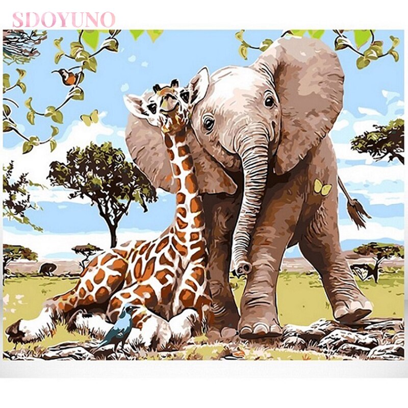 SDOYUNO DIY painting by numbers with frame kids Elephant and giraffe animals HandPaint Home Decor Canvas Drawing on canvas: 60x75cm Diy Frame