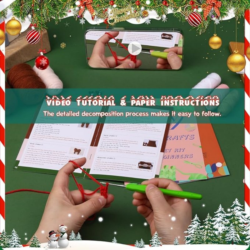 MIUSIE Kit de iniciación de ganchillo navideño, kit completo de tejido artesanal con hilos de ganchos de ganchillo, tutoriales de vídeo para de bricolaje