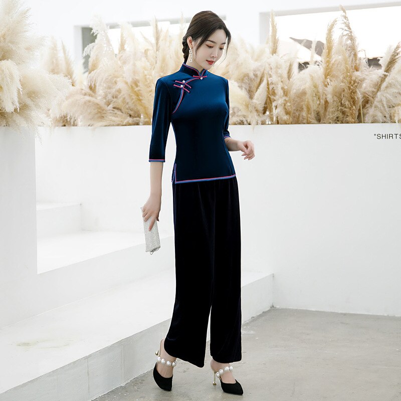 Qipao chino de manga de tres cuartos con cuello mandarín azul marino de terciopelo, ropa Cheongsam de talla grande, vestidos para mujer 4XL 5XL