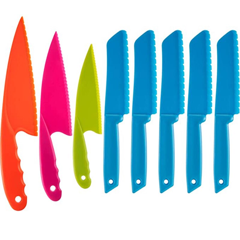 8 stycken barn plast kökskniv set barnsäker matlagning kock nylon knivar för frukt bröd tårta sallad salladskniv: 2