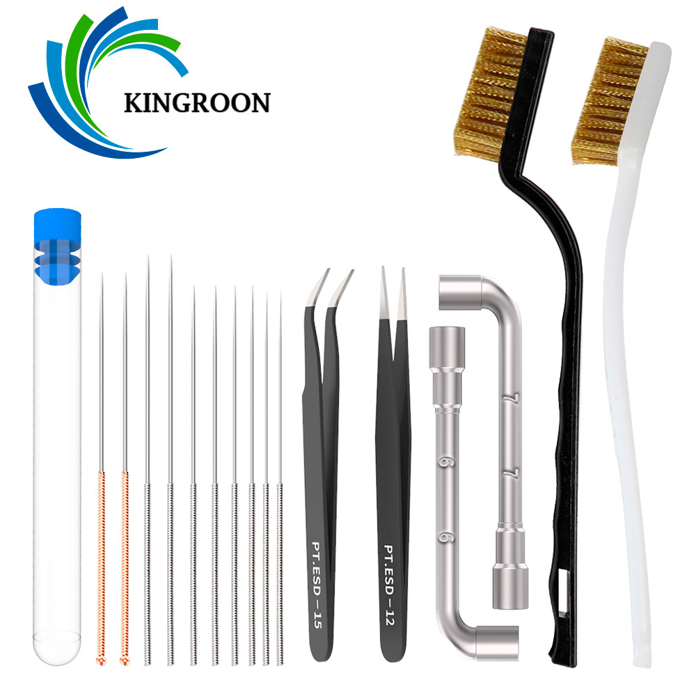 KINGROON-Herramienta limpiadora de impresora 3D, cepillo de alambre de cobre, boquilla de cepillo de dientes, aguja de limpieza, piezas de impresora 3D, Kit de llave de herramientas de limpieza