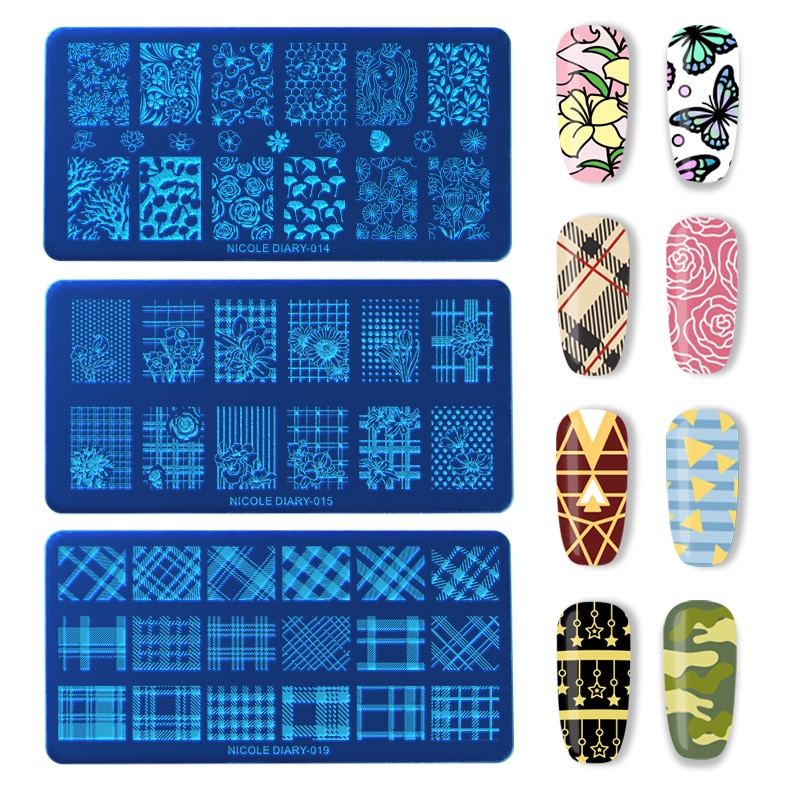 NICOLE DAGBOEK Nail Stempelen Platen Rechthoek Ronde Bloem Grid Plaid Geometrische Afbeelding Print Stencil Nail Template voor Polish Gel