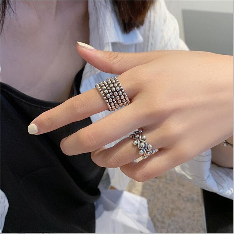 Yikuf88 s925 anel de prata esterlina feminino estilo étnico retro arranjado contas de prata anel aberto multi-camada punk hip-hop anel