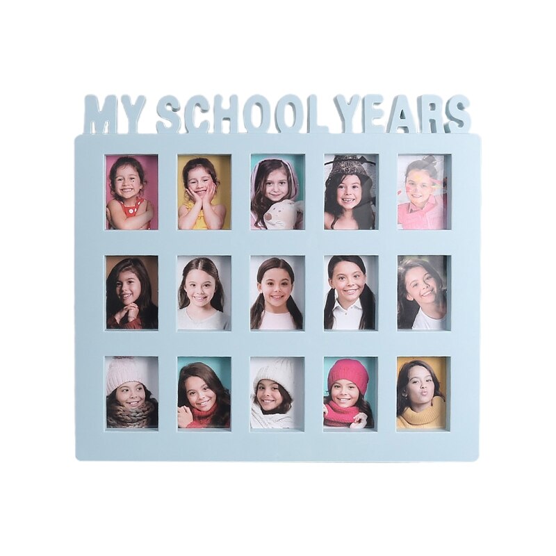 School Years Photo Moment Student Keepsake Frame Children Campus Grade Record 15 Pictures Display Collage Frame Kids Growing Mem: Light Blue