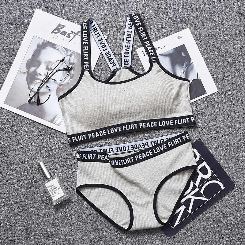 Women Lingerie Set Cotton Screw Thread Push Up Bra Set Letter Print Women Bra Panties Set Comfort Underwear: Gray