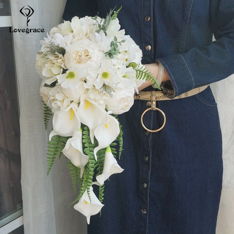 Wedding Silk Rose Calla Lily Waterfall Bouquet Wedding Flowers White Fleur Rose Lace Teardrop Bridal Wedding Bouquet for Bride