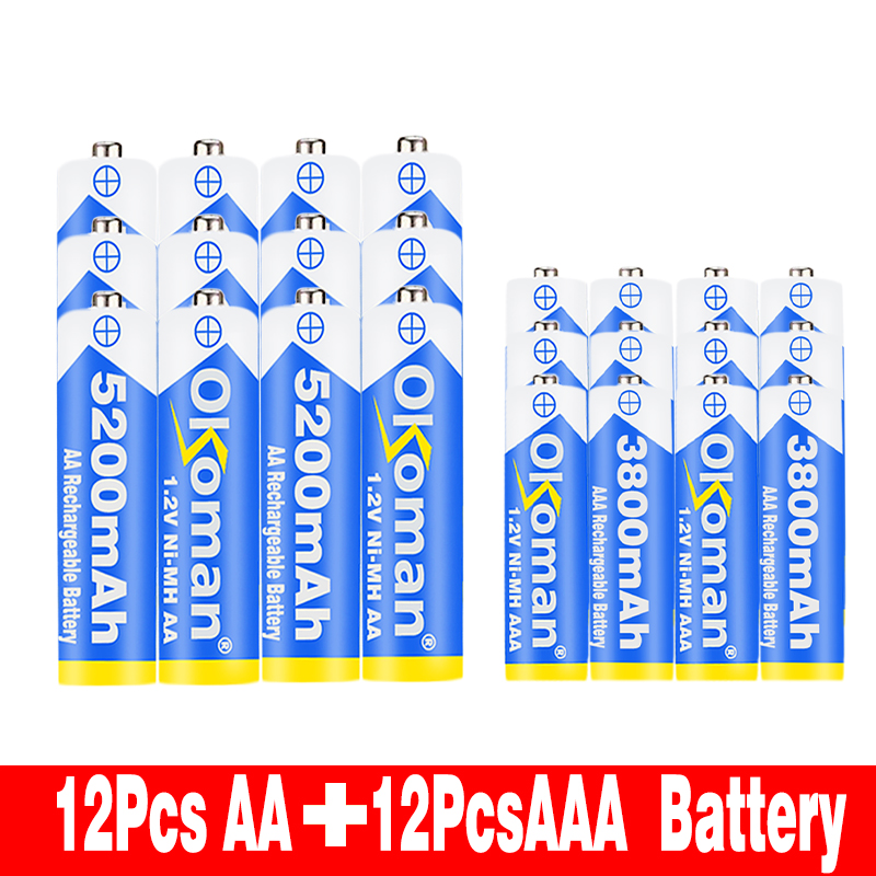 Okoman High capacity 5200mAh NI MH AA Rechargeable Batteries+AAA battery 3800 mAh Rechageable battery NI-MH 1.2 V AAA battery: Red