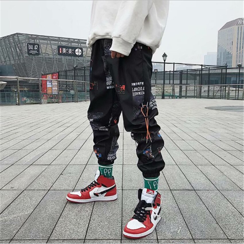 Hip hop Pants Men Loose Joggers Print Streetwear Harem Pants Clothes Ankle length Trousers: black / M