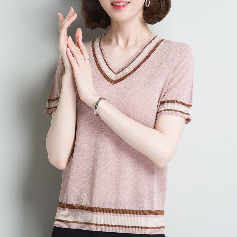 Sommer kvinner is silke gensere topper kortermet v-hals kvinnelig pull genser dame casual kul topp femme tynne gensere